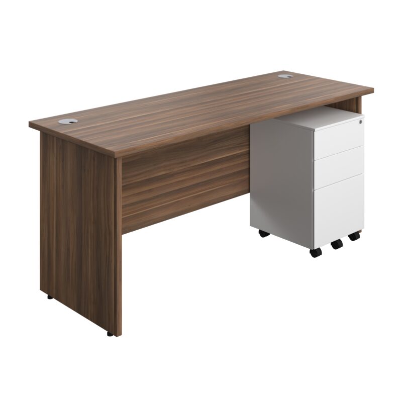 Panel Rectangular Desk + 3 Drawer Steel Pedestal Bundle | 1600X600 | Dark Walnut/White