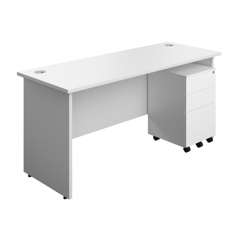 Panel Rectangular Desk + 3 Drawer Steel Pedestal Bundle | 1600X600 | White/White