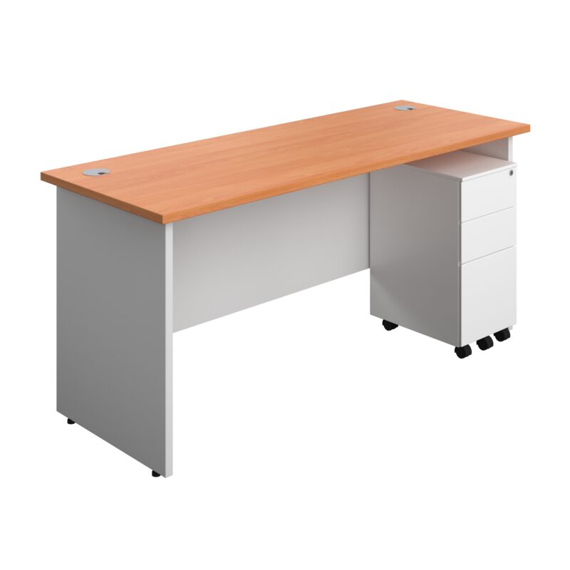 Panel Plus Rectangular Desk + 3 Drawer Slimline Steel Pedestal Bundle | 1600X600 | Beech/White