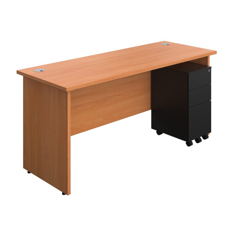 Panel Rectangular Desk + 3 Drawer Slimline Steel Pedestal Bundle | 1600X600 | Beech/Black