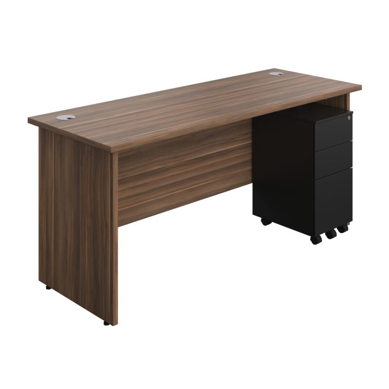 Panel Rectangular Desk + 3 Drawer Slimline Steel Pedestal Bundle | 1600X600 | Dark Walnut/Black