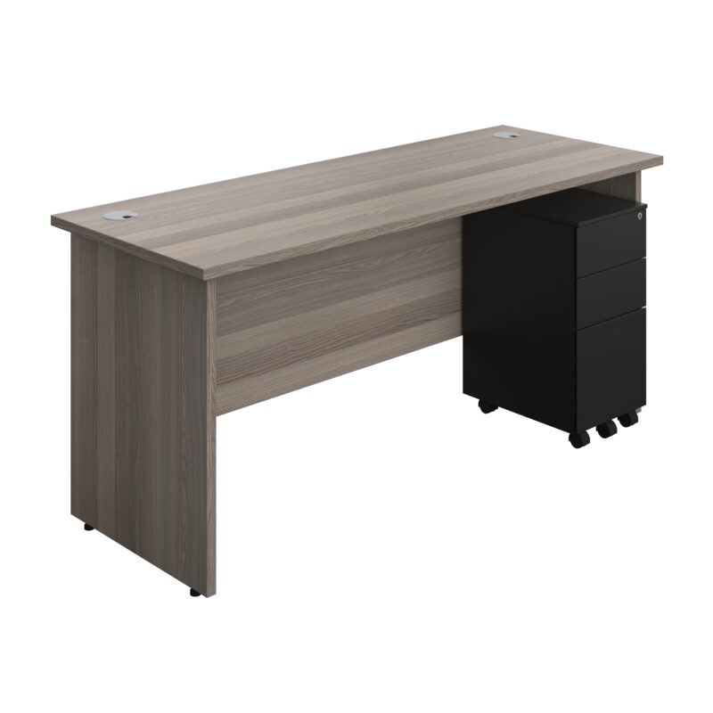 Panel Rectangular Desk + 3 Drawer Slimline Steel Pedestal Bundle | 1600X600 | Grey Oak/Black