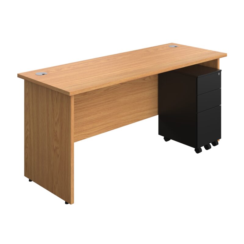 Panel Rectangular Desk + 3 Drawer Slimline Steel Pedestal Bundle | 1600X600 | Nova Oak/Black