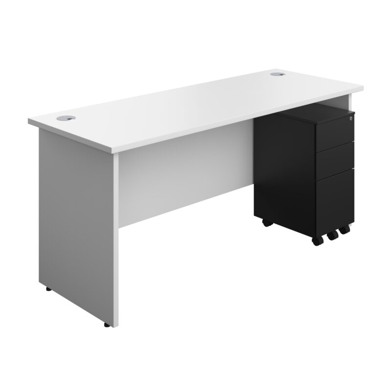 Panel Rectangular Desk + 3 Drawer Slimline Steel Pedestal Bundle | 1600X600 | White/Black