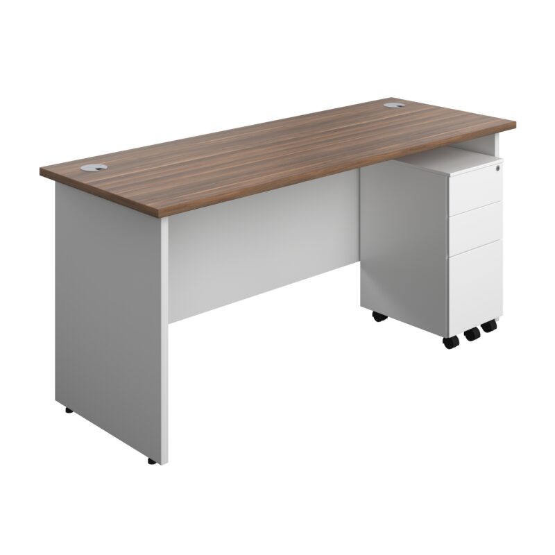 Panel Plus Rectangular Desk + 3 Drawer Slimline Steel Pedestal Bundle | 1600X600 | Dark Walnut/White