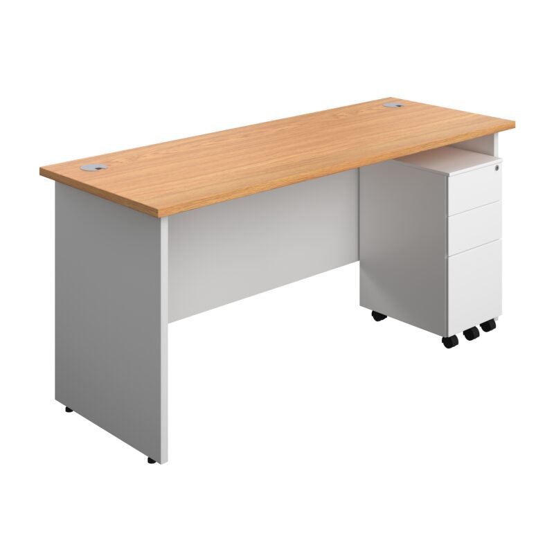 Panel Plus Rectangular Desk + 3 Drawer Slimline Steel Pedestal Bundle | 1600X600 | Nova Oak/White