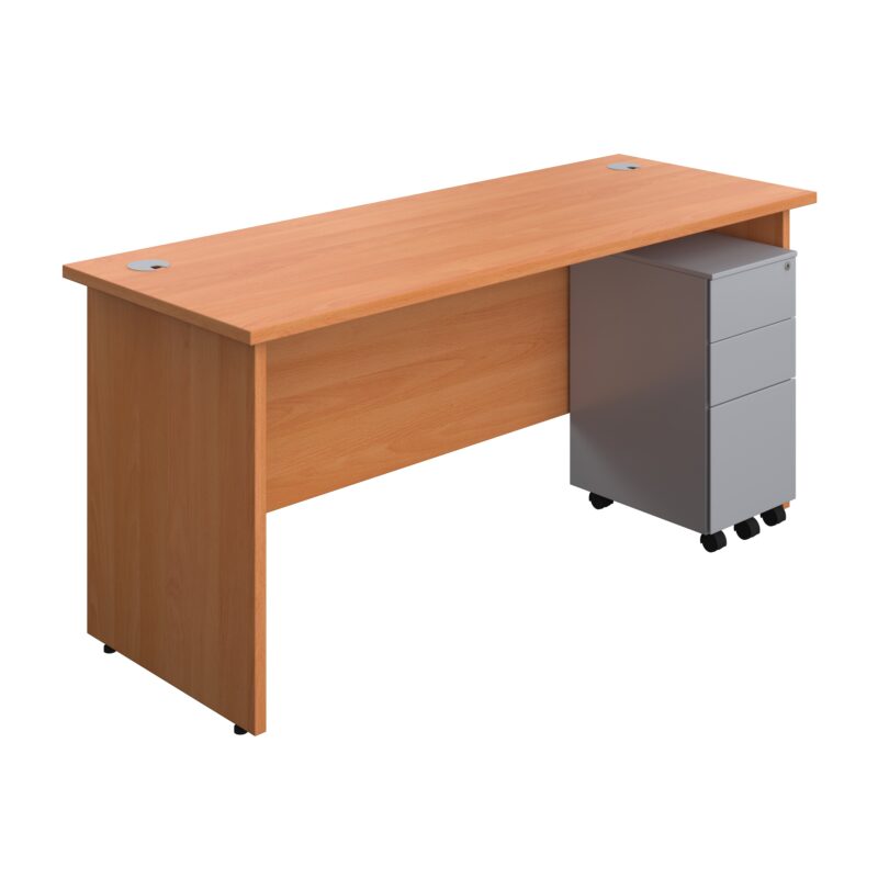 Panel Rectangular Desk + 3 Drawer Slimline Steel Pedestal Bundle | 1600X600 | Beech/Silver