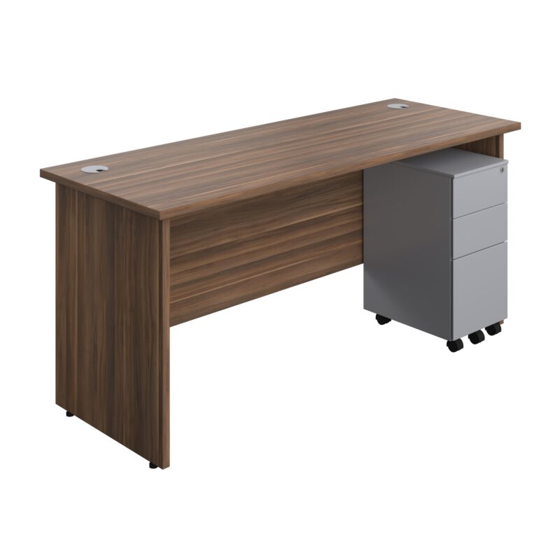 Panel Rectangular Desk + 3 Drawer Slimline Steel Pedestal Bundle | 1600X600 | Dark Walnut/Silver