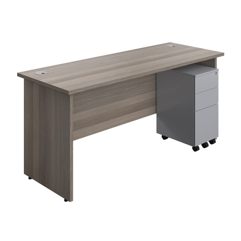 Panel Rectangular Desk + 3 Drawer Slimline Steel Pedestal Bundle | 1600X600 | Grey Oak/Silver