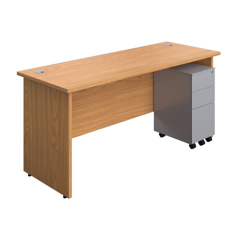 Panel Rectangular Desk + 3 Drawer Slimline Steel Pedestal Bundle | 1600X600 | Nova Oak/Silver