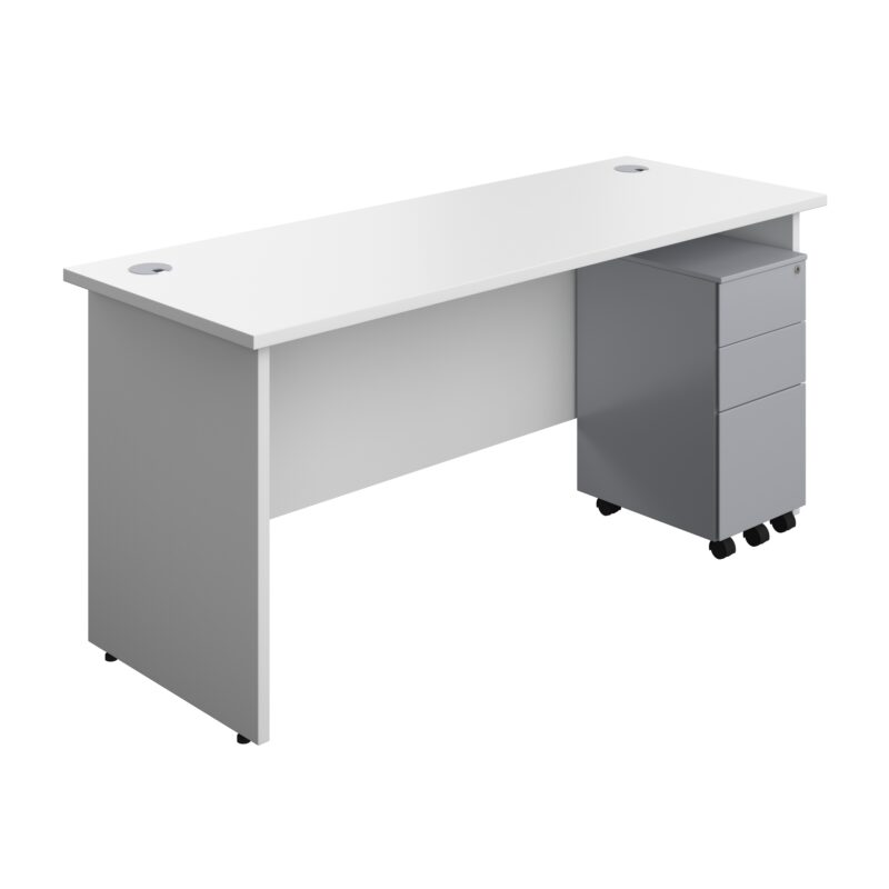 Panel Rectangular Desk + 3 Drawer Slimline Steel Pedestal Bundle | 1600X600 | White/Silver