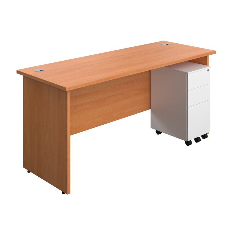 Panel Rectangular Desk + 3 Drawer Slimline Steel Pedestal Bundle | 1600X600 | Beech/White