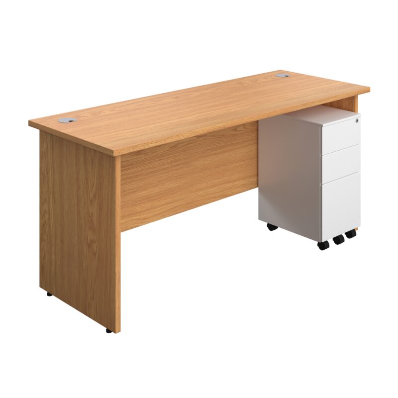 Panel Rectangular Desk + 3 Drawer Slimline Steel Pedestal Bundle | 1600X600 | Nova Oak/White