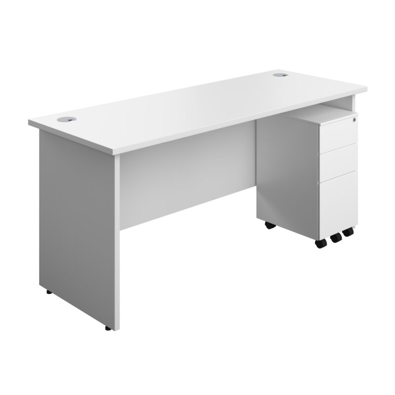 Panel Rectangular Desk + 3 Drawer Slimline Steel Pedestal Bundle | 1600X600 | White/White