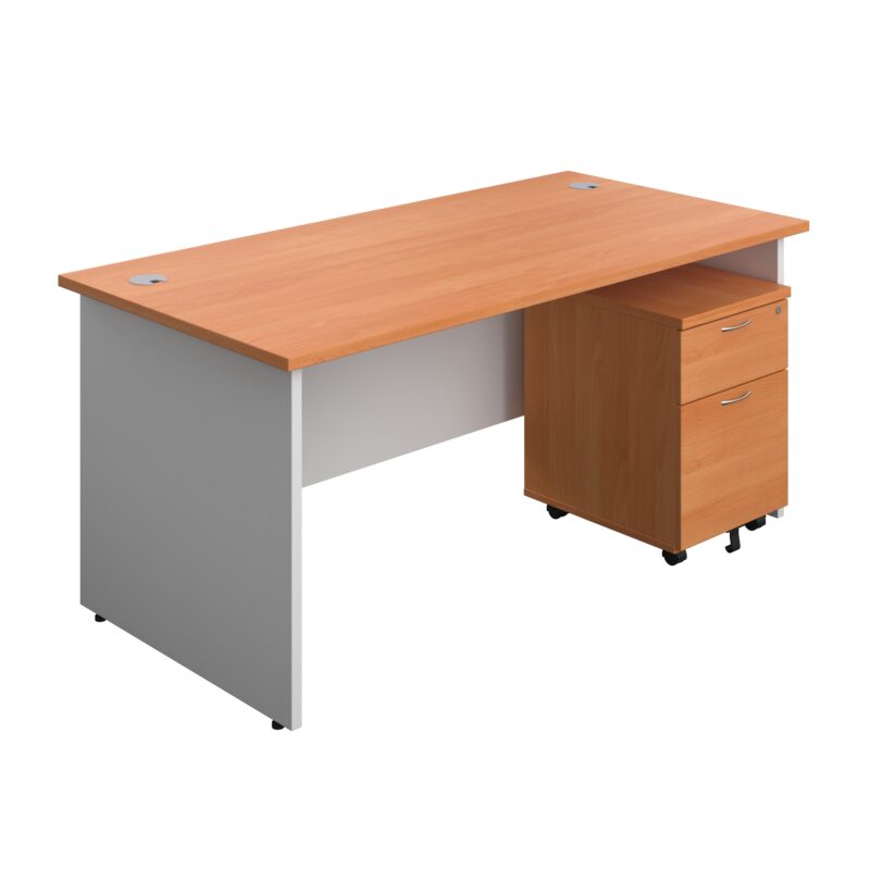 Panel Plus Rectangular Desk + 2 Drawer Mobile Pedestal Bundle | 1600X800 | Beech/White