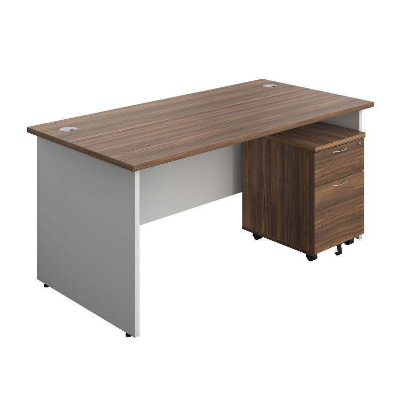 Panel Plus Rectangular Desk + 2 Drawer Mobile Pedestal Bundle | 1600X800 | Dark Walnut/White