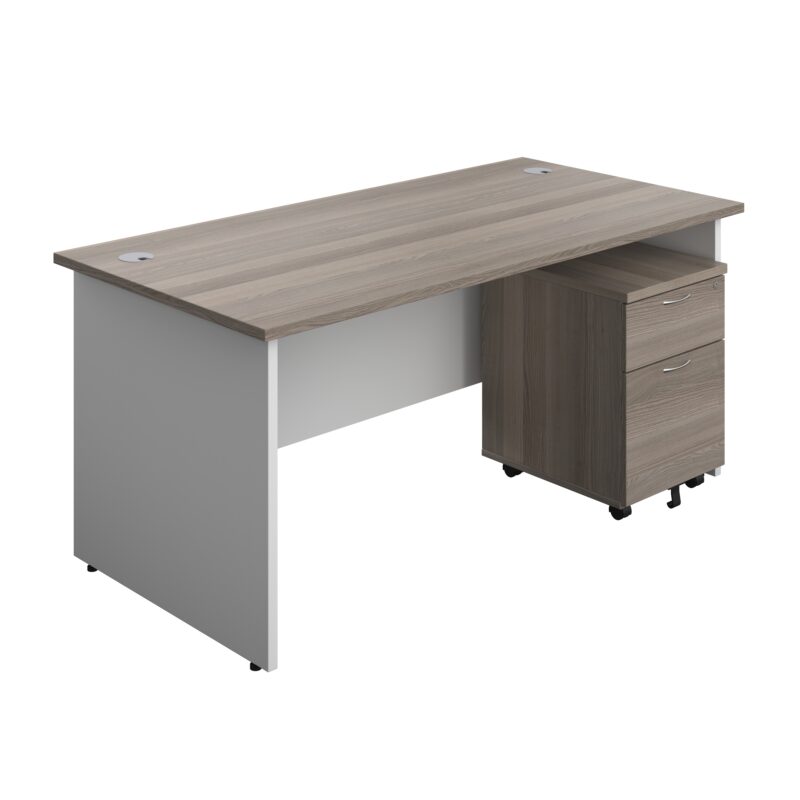 Panel Plus Rectangular Desk + 2 Drawer Mobile Pedestal Bundle | 1600X800 | Grey Oak/White