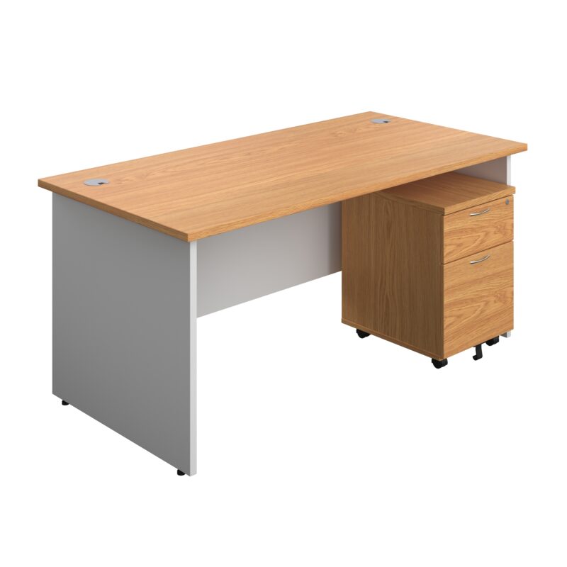 Panel Plus Rectangular Desk + 2 Drawer Mobile Pedestal Bundle | 1600X800 | Nova Oak/White