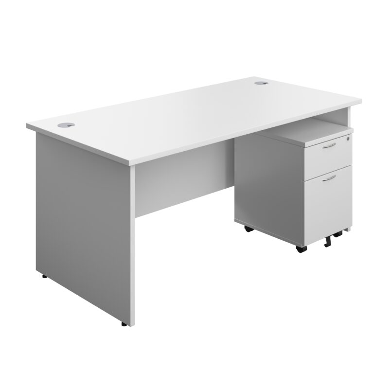 Panel Rectangular Desk + 2 Drawer Mobile Pedestal Bundle | 1600X800 | White/White