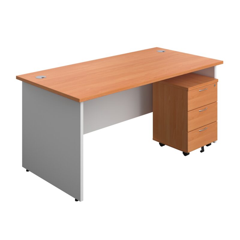 Panel Plus Rectangular Desk + 3 Drawer Mobile Pedestal Bundle | 1600X800 | Beech/White