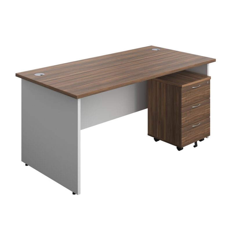 Panel Plus Rectangular Desk + 3 Drawer Mobile Pedestal Bundle | 1600X800 | Dark Walnut/White