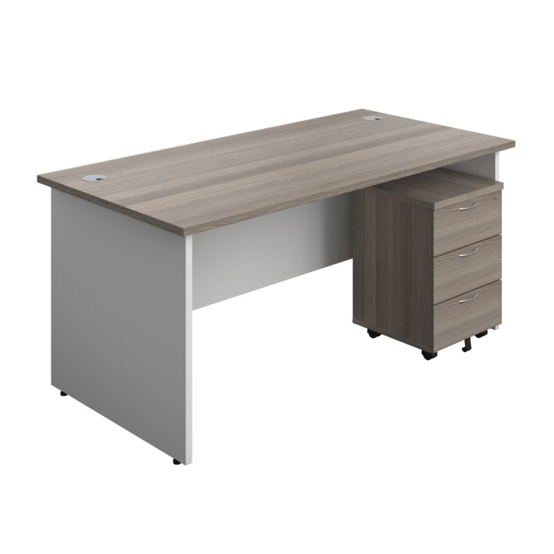 Panel Plus Rectangular Desk + 3 Drawer Mobile Pedestal Bundle | 1600X800 | Grey Oak/White