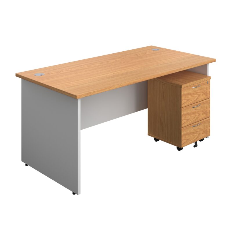 Panel Plus Rectangular Desk + 3 Drawer Mobile Pedestal Bundle | 1600X800 | Nova Oak/White