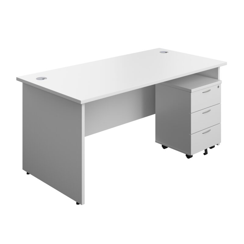 Panel Rectangular Desk + 3 Drawer Mobile Pedestal Bundle | 1600X800 | White/White