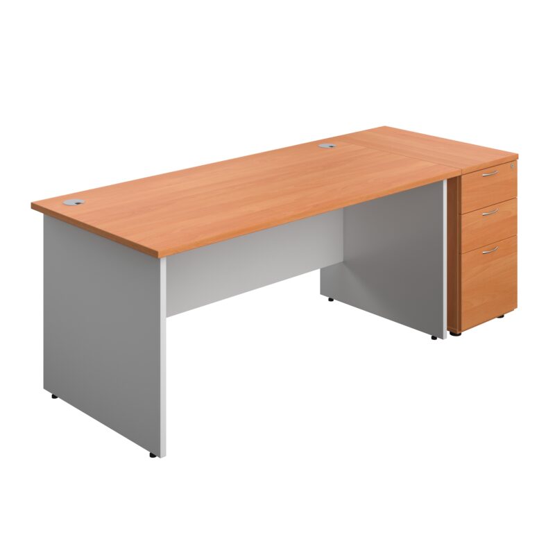 Panel Plus Rectangular Desk + Matching 3 Drawer Desk High Pedestal Bundle | 800 Pedestal | 1600X800 | Beech/White