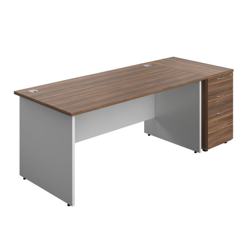 Panel Plus Rectangular Desk + Matching 3 Drawer Desk High Pedestal Bundle | 800 Pedestal | 1600X800 | Dark Walnut/White