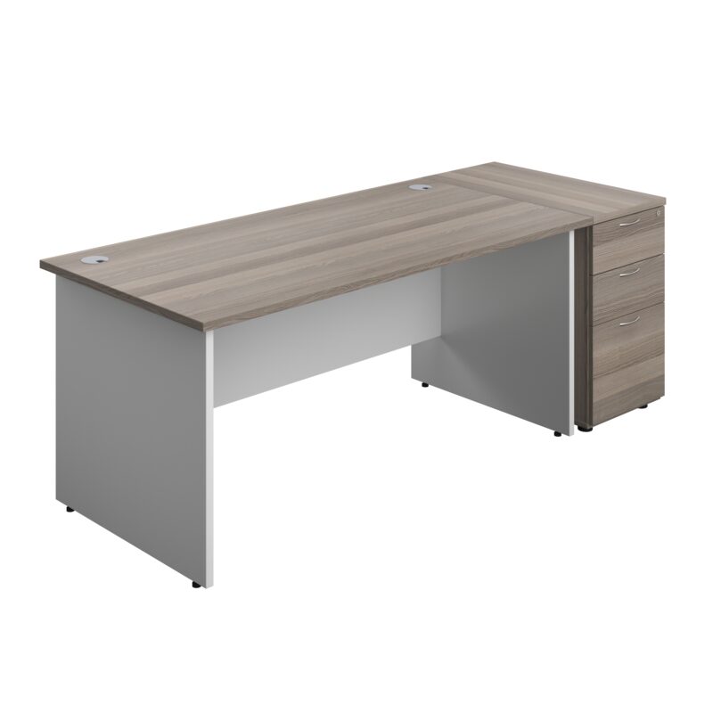 Panel Plus Rectangular Desk + Matching 3 Drawer Desk High Pedestal Bundle | 800 Pedestal | 1600X800 | Grey Oak/White