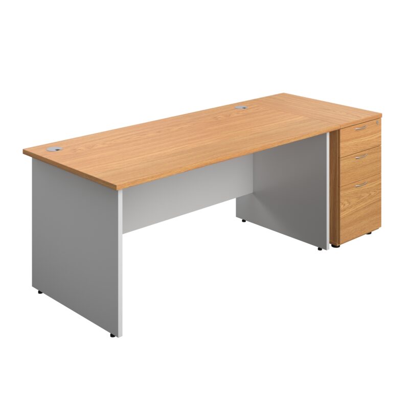 Panel Plus Rectangular Desk + Matching 3 Drawer Desk High Pedestal Bundle | 800 Pedestal | 1600X800 | Nova Oak/White