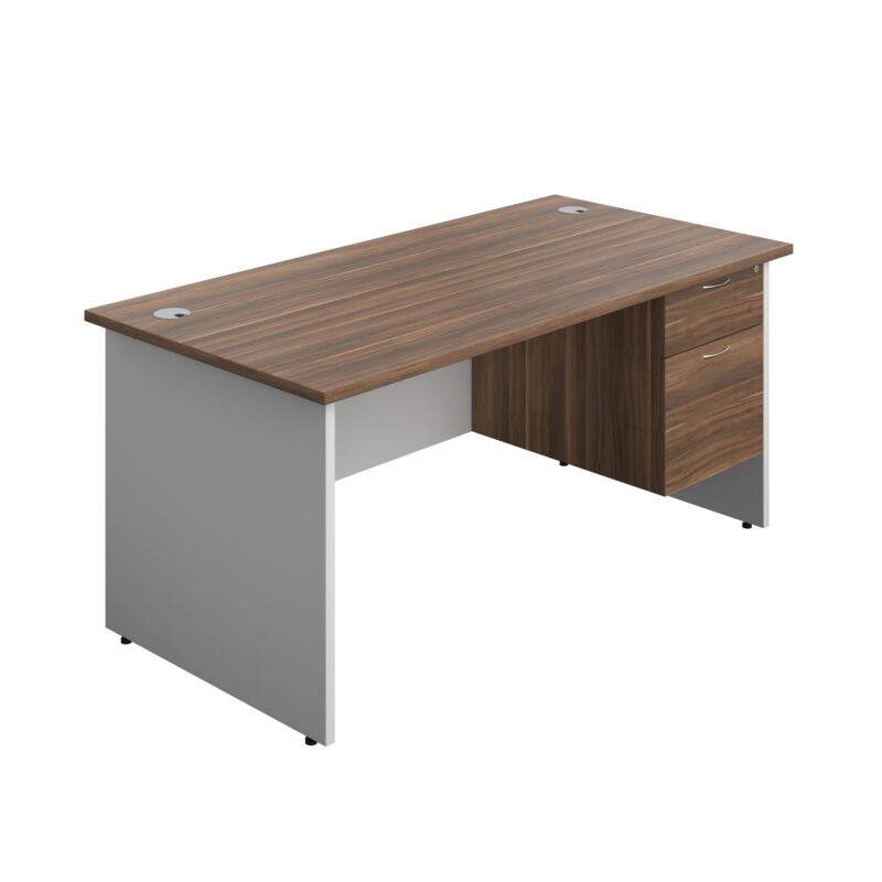 Panel Plus Rectangular Desk + 2 Drawer Fixed Pedestal Bundle | 1600X800 | Dark Walnut/White