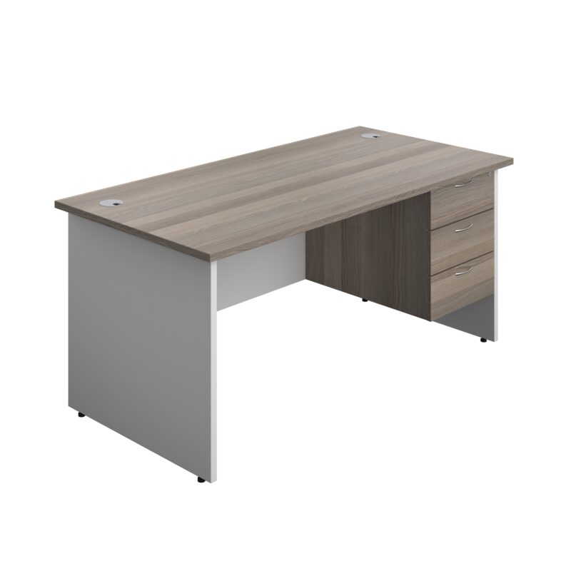 Panel Plus Rectangular Desk + 3 Drawer Fixed Pedestal Bundle | 1600X800 | Grey Oak/White