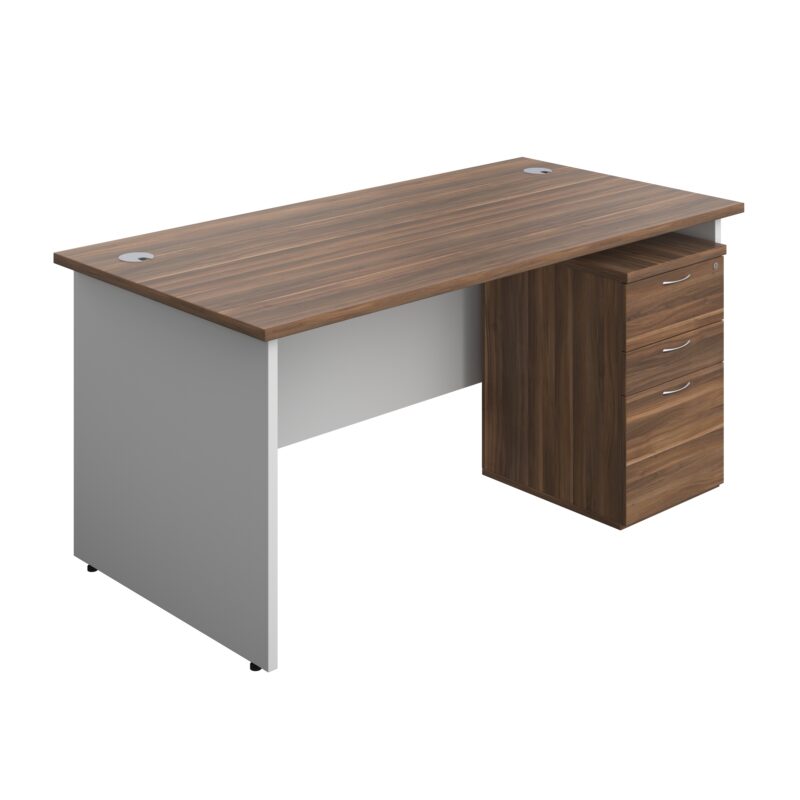 Panel Plus Rectangular Desk + 3 Drawer High Mobile Pedestal Bundle | 1600X800 | Dark Walnut/White