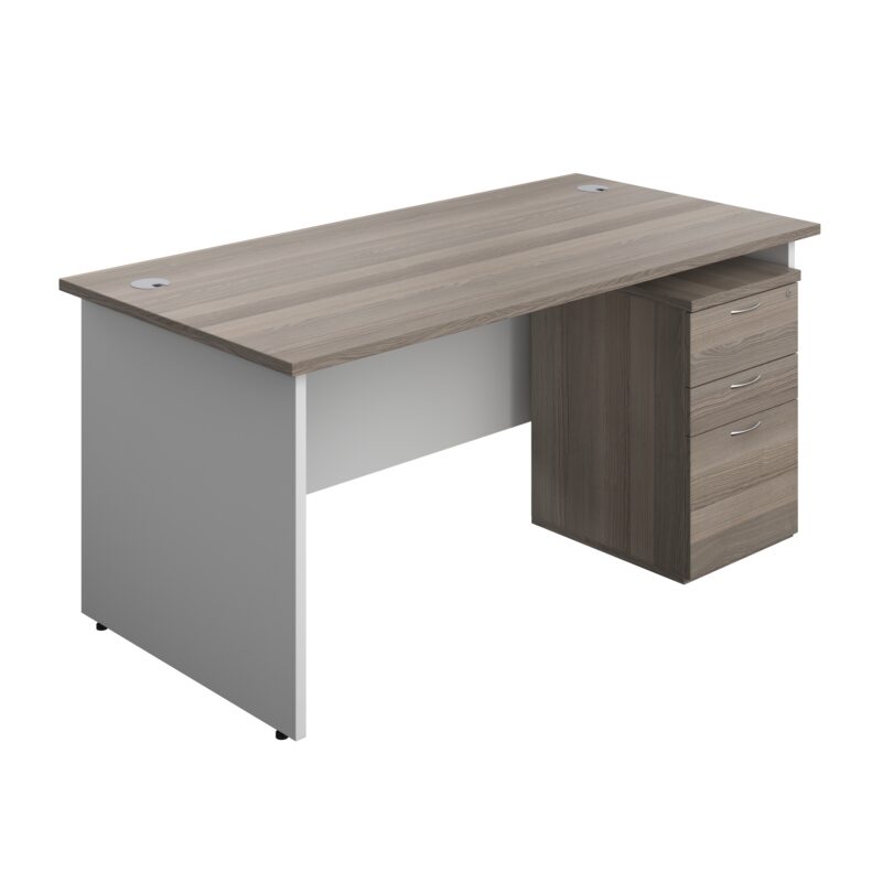 Panel Plus Rectangular Desk + 3 Drawer High Mobile Pedestal Bundle | 1600X800 | Grey Oak/White