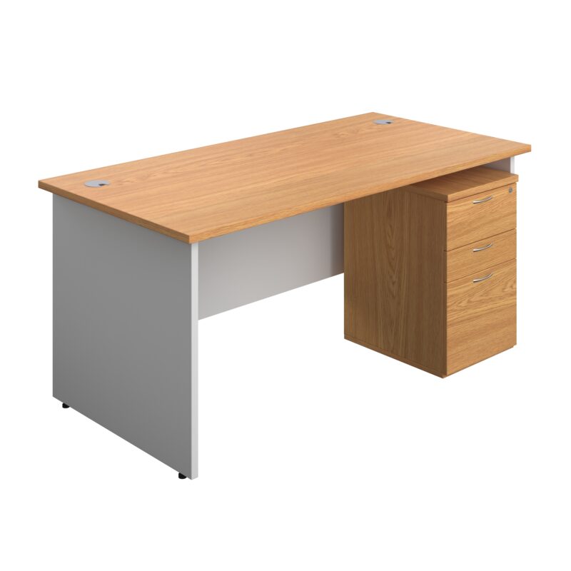 Panel Plus Rectangular Desk + 3 Drawer High Mobile Pedestal Bundle | 1600X800 | Nova Oak/White