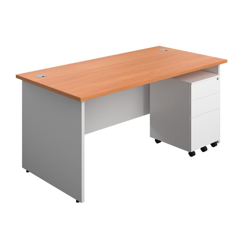 Panel Plus Rectangular Desk + 3 Drawer Steel Pedestal Bundle | 1600X800 | Beech/White