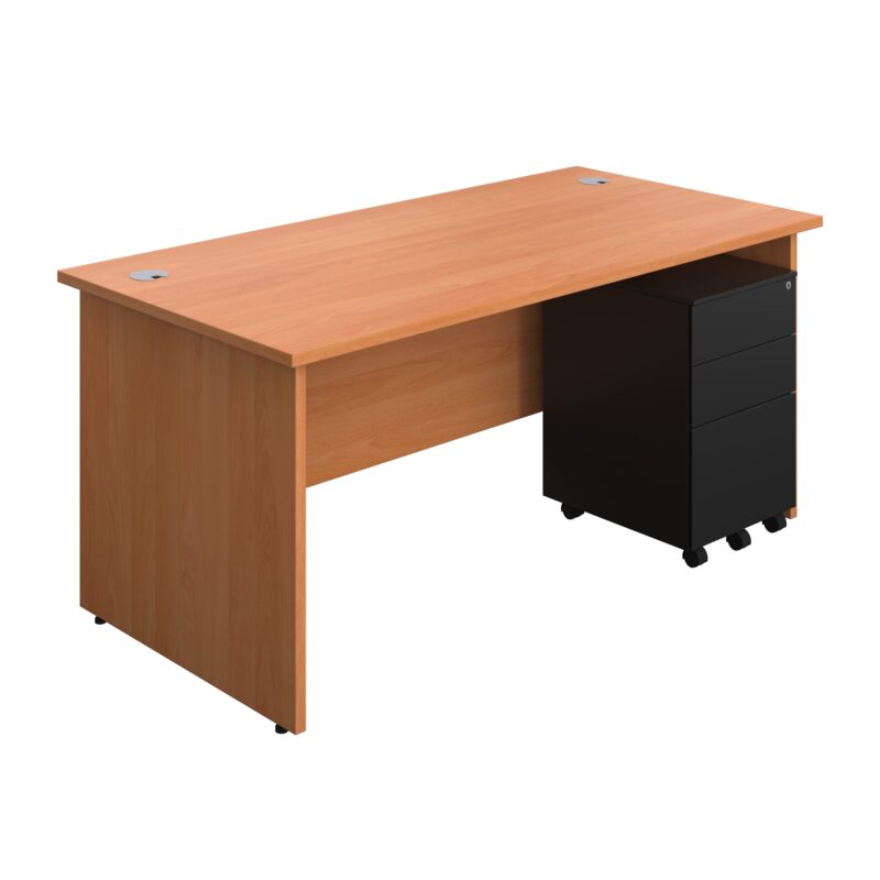 Panel Rectangular Desk + 3 Drawer Steel Pedestal Bundle | 1600X800 | Beech/Black