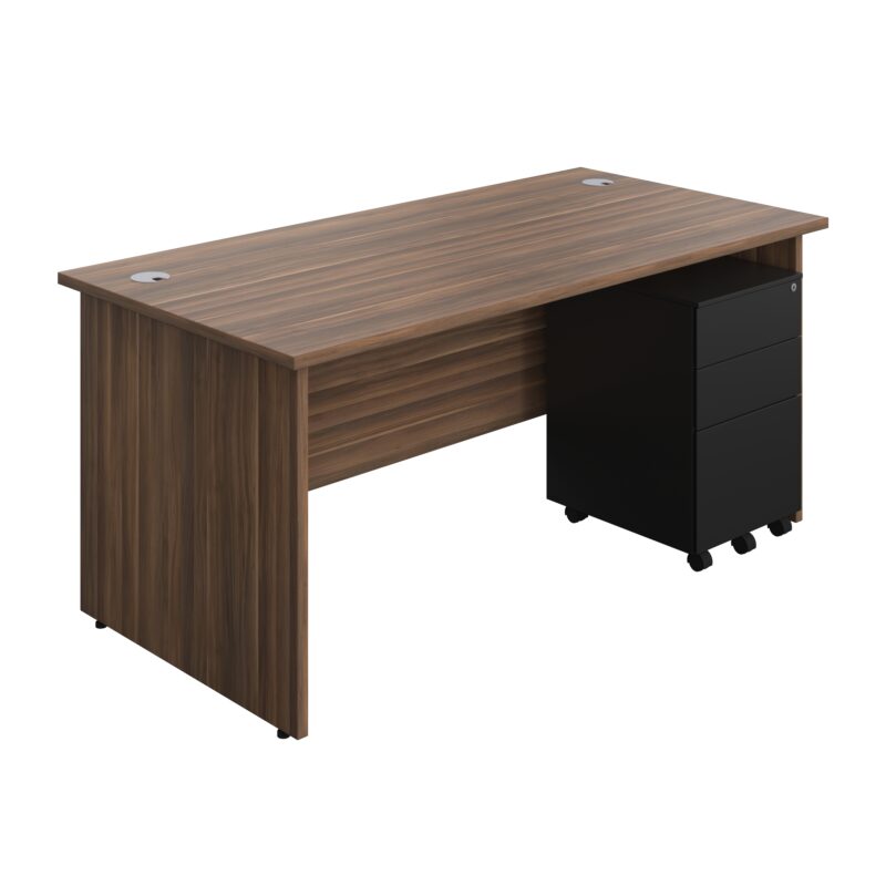 Panel Rectangular Desk + 3 Drawer Steel Pedestal Bundle | 1600X800 | Dark Walnut/Black