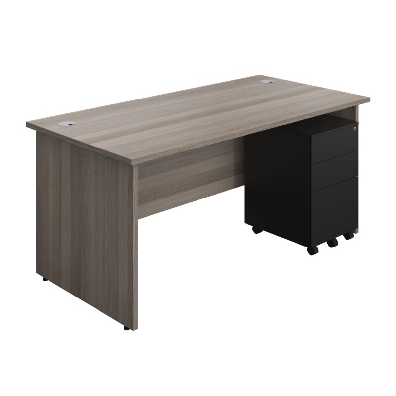 Panel Rectangular Desk + 3 Drawer Steel Pedestal Bundle | 1600X800 | Grey Oak/Black