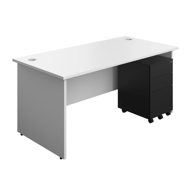 Panel Rectangular Desk + 3 Drawer Steel Pedestal Bundle | 1600X800 | White/Black