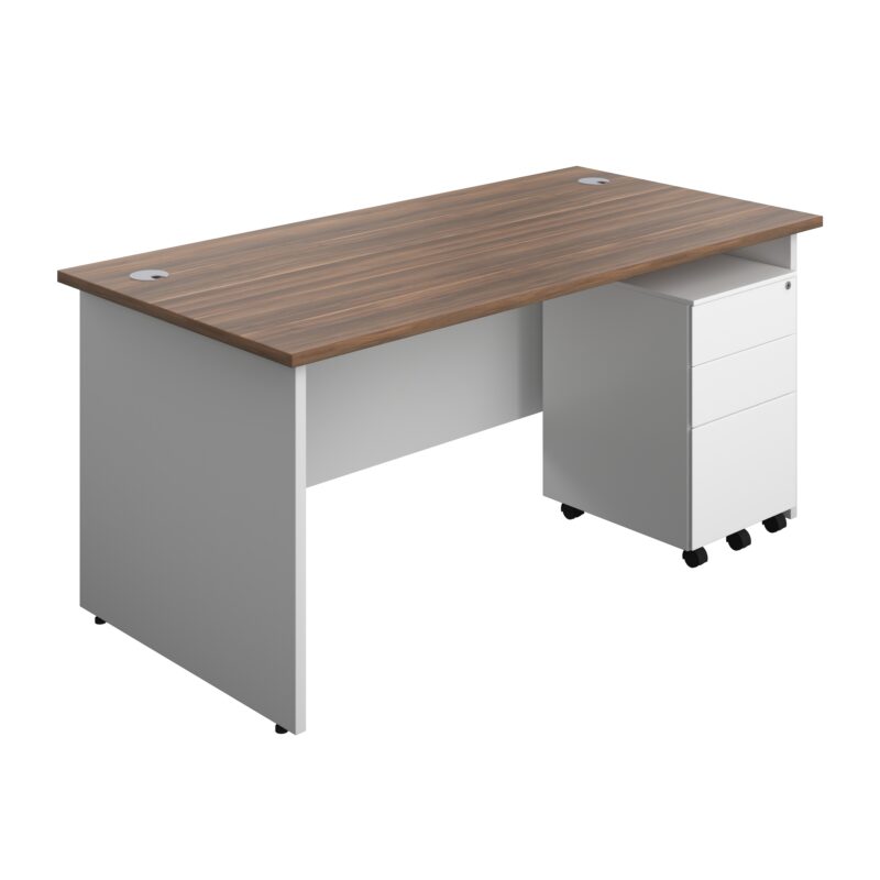 Panel Plus Rectangular Desk + 3 Drawer Steel Pedestal Bundle | 1600X800 | Dark Walnut/White