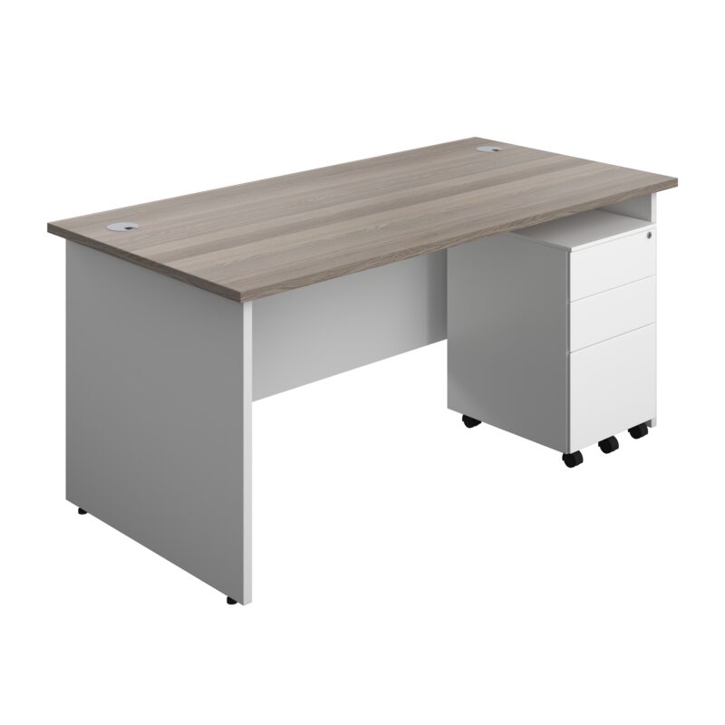 Panel Plus Rectangular Desk + 3 Drawer Steel Pedestal Bundle | 1600X800 | Grey Oak/White