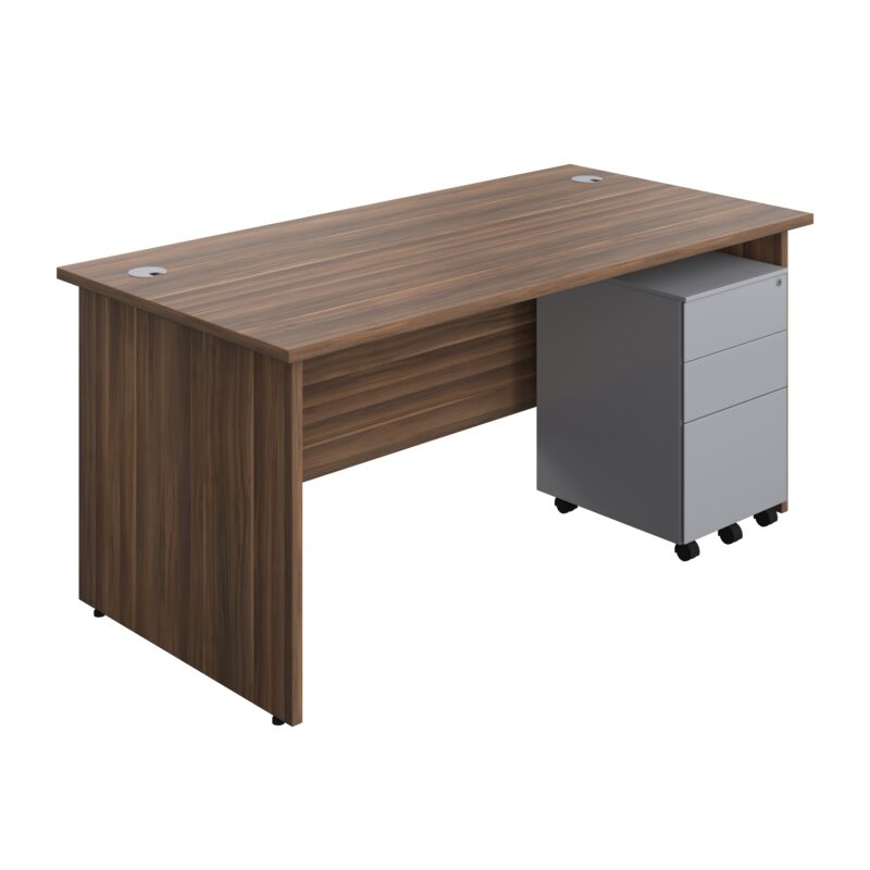 Panel Rectangular Desk + 3 Drawer Steel Pedestal Bundle | 1600X800 | Dark Walnut/Silver