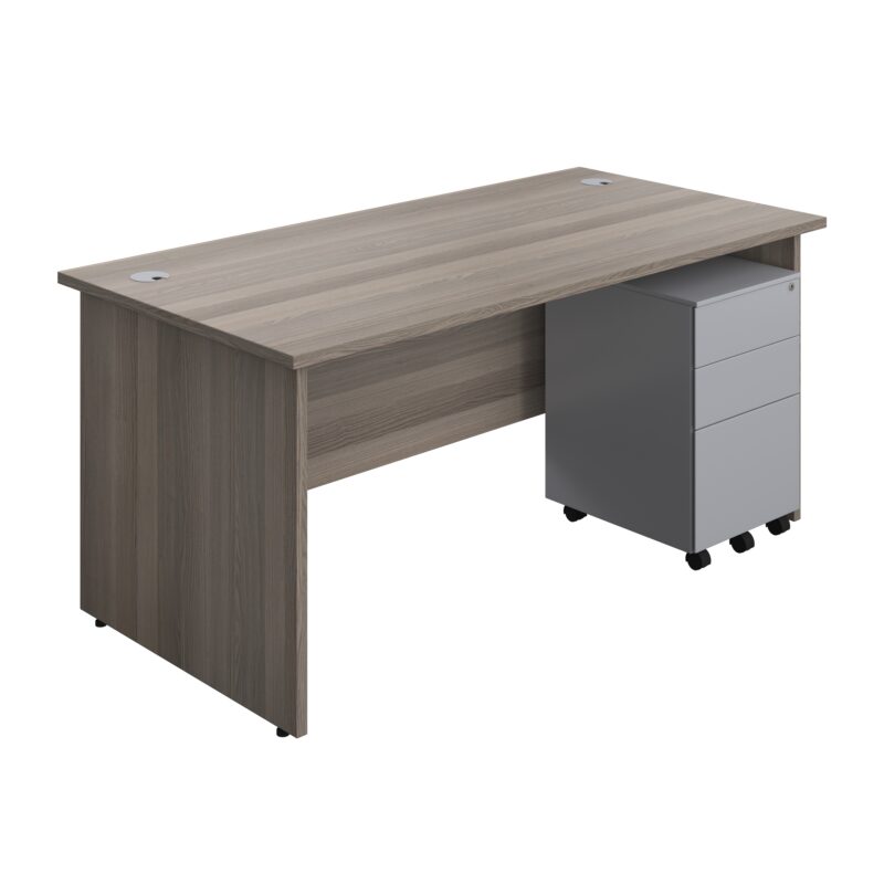 Panel Rectangular Desk + 3 Drawer Steel Pedestal Bundle | 1600X800 | Grey Oak/Silver