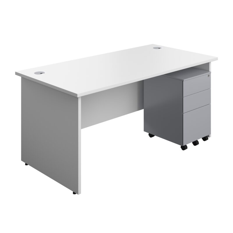 Panel Rectangular Desk + 3 Drawer Steel Pedestal Bundle | 1600X800 | White/Silver