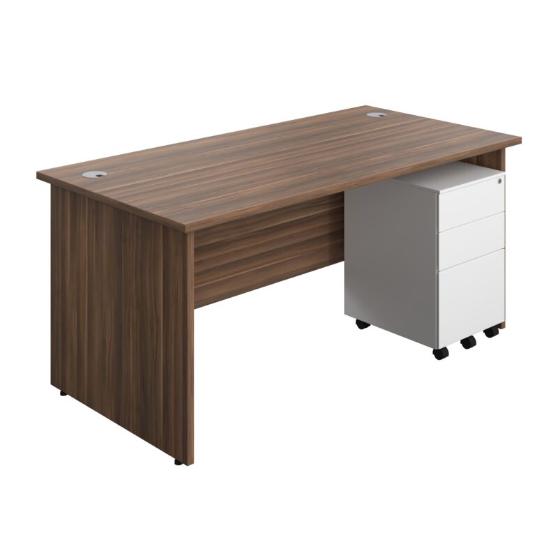 Panel Rectangular Desk + 3 Drawer Steel Pedestal Bundle | 1600X800 | Dark Walnut/White