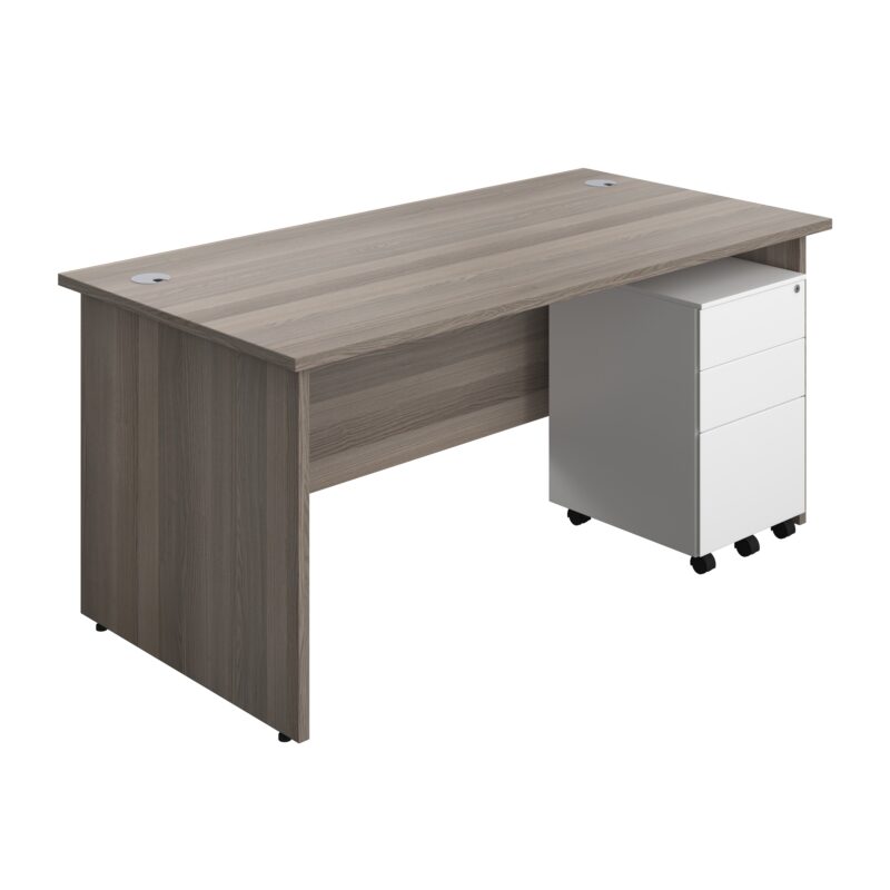 Panel Rectangular Desk + 3 Drawer Steel Pedestal Bundle | 1600X800 | Grey Oak/White