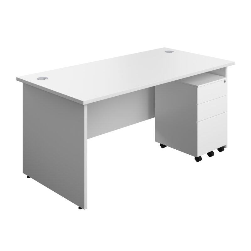 Panel Rectangular Desk + 3 Drawer Steel Pedestal Bundle | 1600X800 | White/White